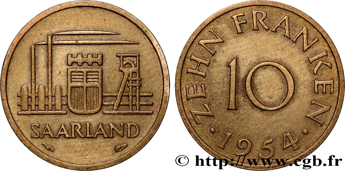 SAARLAND 10 Franken 1954 Paris q.SPL 