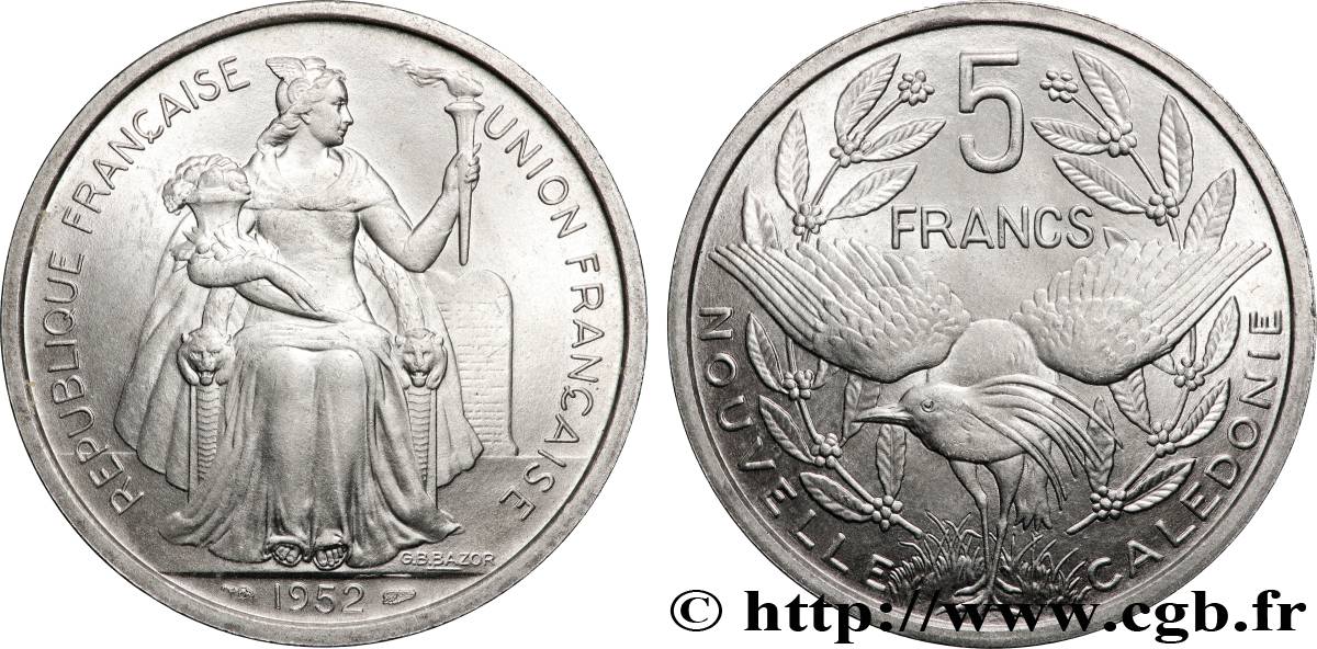 NEUKALEDONIEN 5 Francs Union Française 1952 Paris fST 