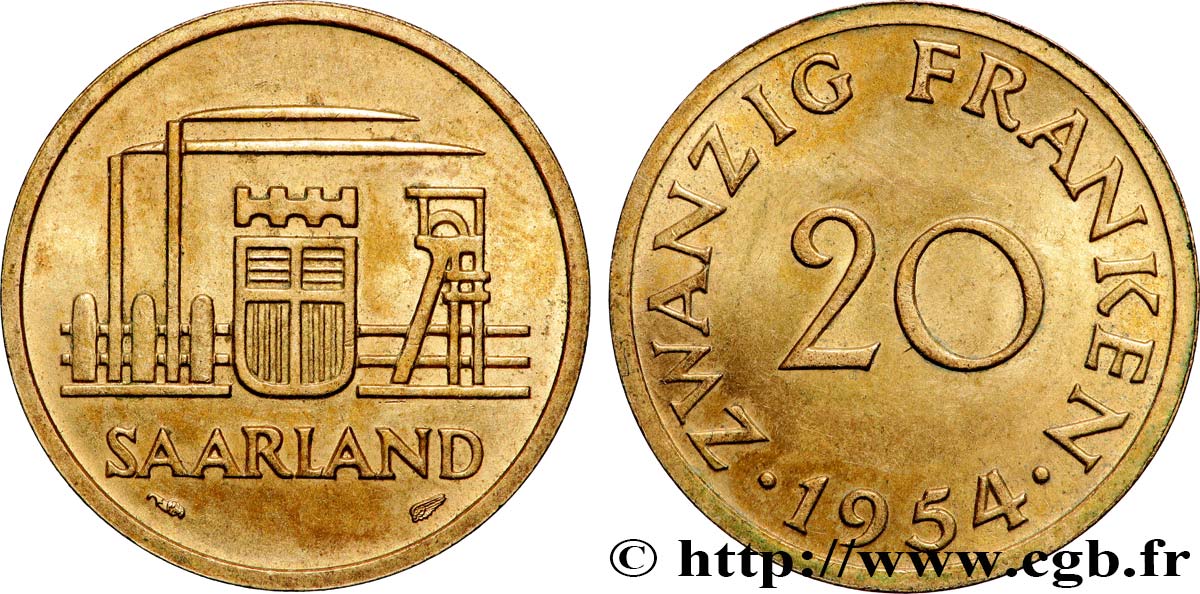 SAARLAND 20 Franken 1954 Paris q.SPL 