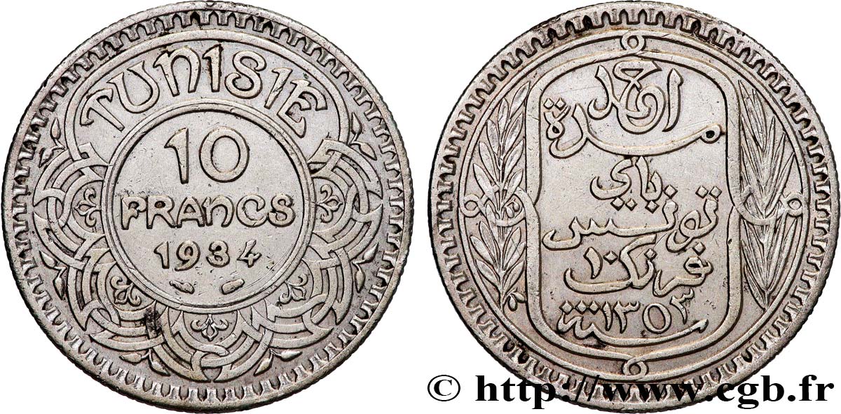 TUNISIA - Protettorato Francese 10 Francs au nom du Bey Ahmed datée 1353 1934 Paris q.SPL 