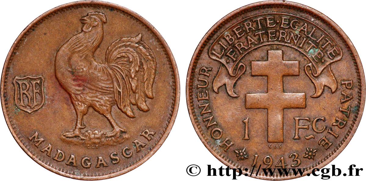 MADAGASCAR - Fuerzas Francesas Libres 1 Franc 1943 Prétoria MBC 