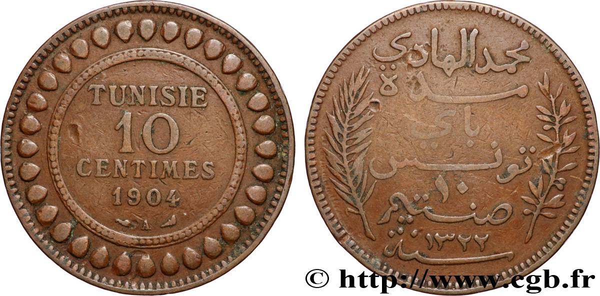 TUNISIA - French protectorate 10 Centimes AH1322 1904 Paris VF 