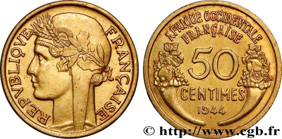 AFRICA OCCIDENTALE FRANCESA  50 Centimes Morlon 1944 Londres SPL 