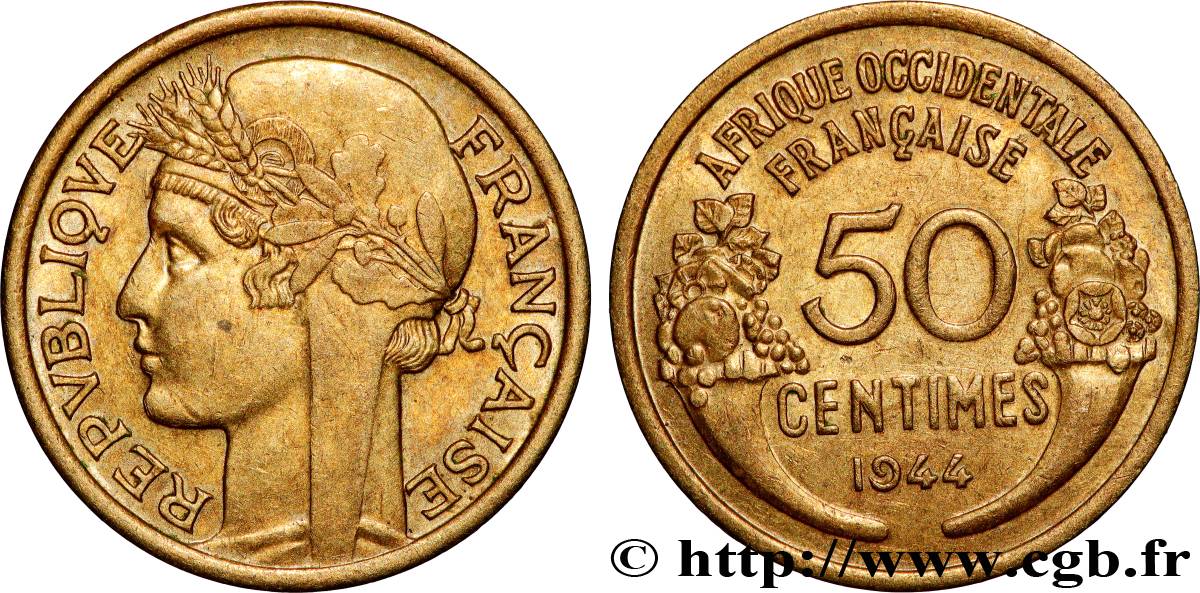 FRANZÖSISCHE WESTAFRIKA 50 Centimes Morlon 1944 Londres VZ 