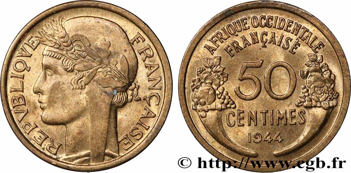 AFRICA OCCIDENTALE FRANCESA  50 Centimes Morlon 1944 Londres SPL 