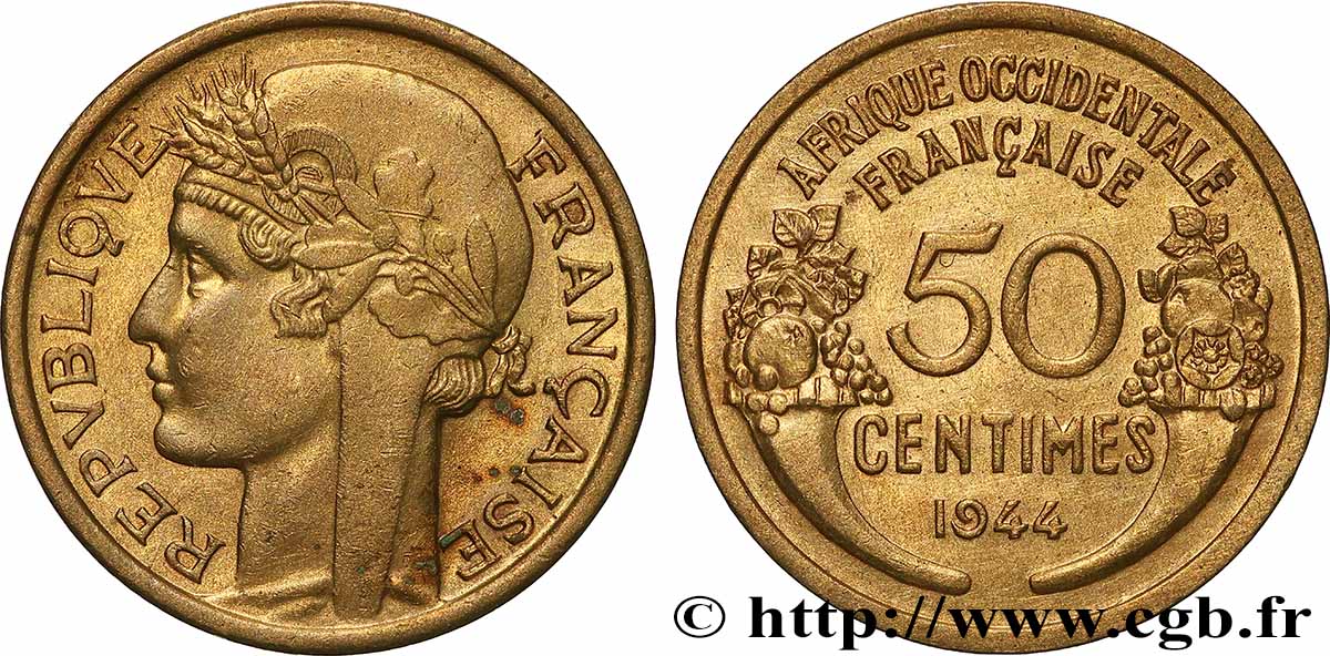 FRANZÖSISCHE WESTAFRIKA 50 Centimes Morlon 1944 Londres VZ 