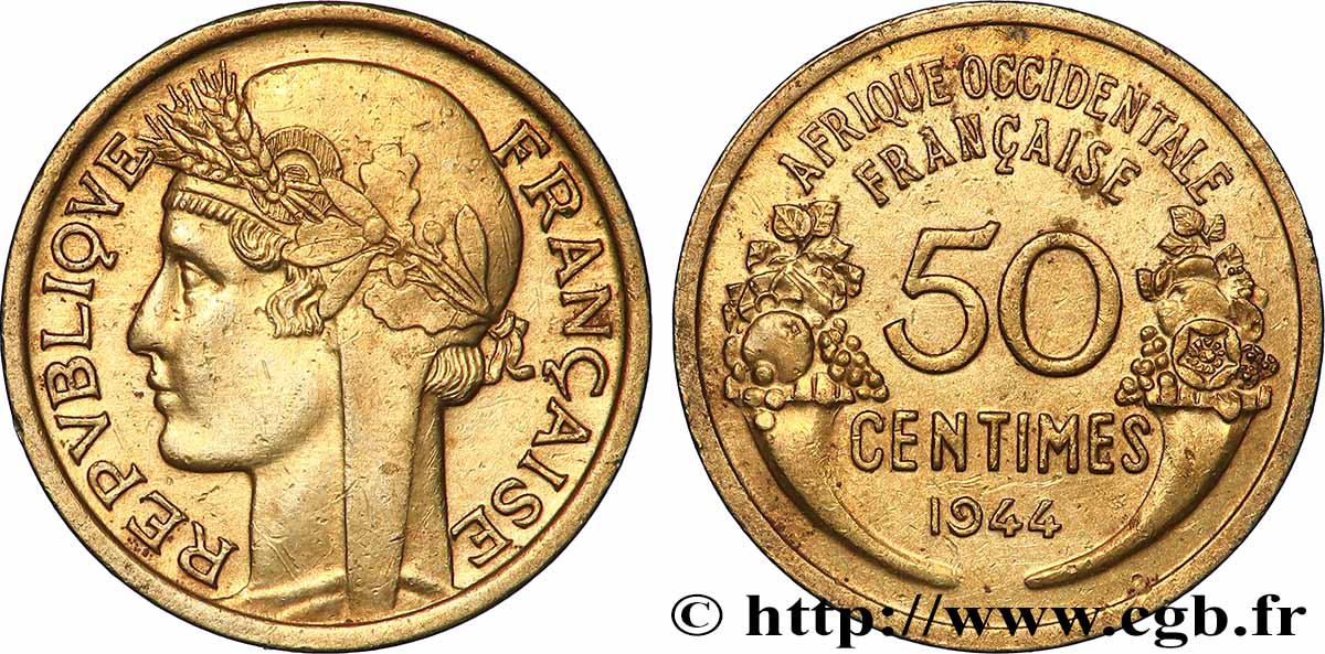 FRANZÖSISCHE WESTAFRIKA 50 Centimes Morlon 1944 Londres VZ 