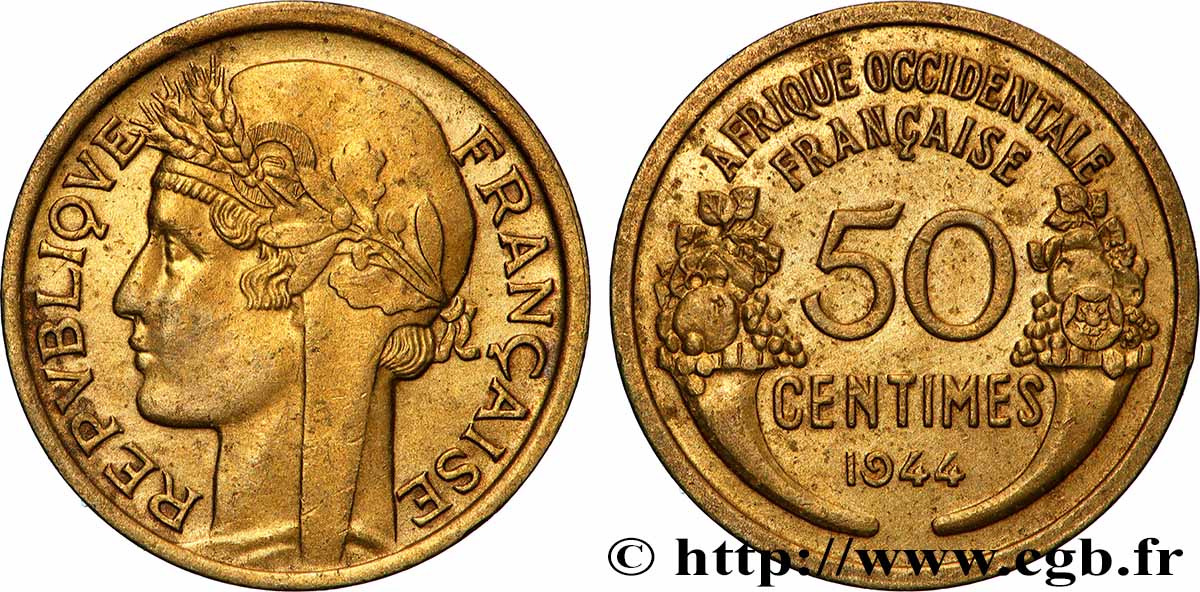 AFRIQUE OCCIDENTALE FRANÇAISE 50 Centimes Morlon 1944 Londres SUP 