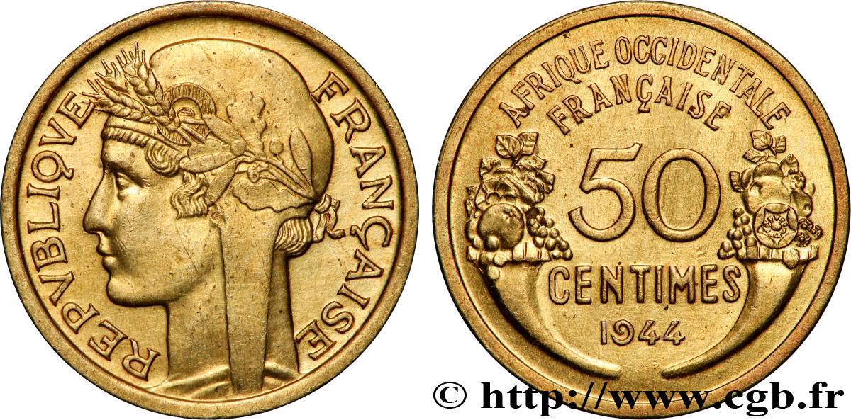 AFRIQUE OCCIDENTALE FRANÇAISE 50 Centimes Morlon 1944 Londres SUP 