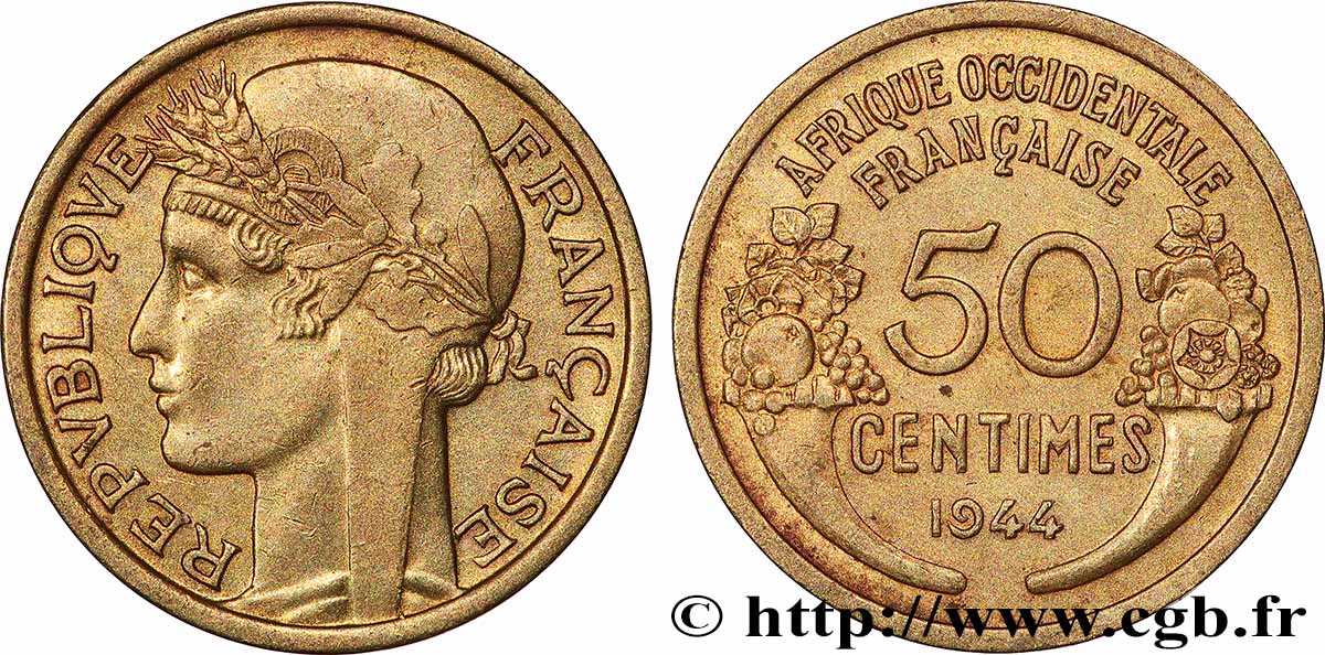 FRENCH WEST AFRICA 50 Centimes Morlon 1944 Londres AU 