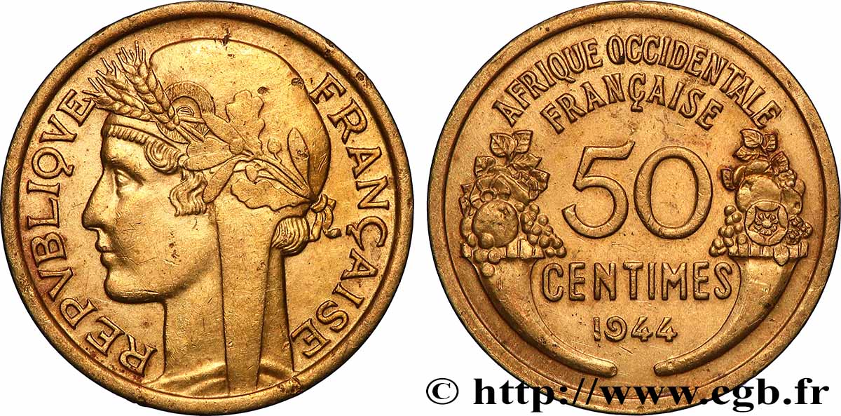 AFRIQUE OCCIDENTALE FRANÇAISE 50 Centimes Morlon 1944 Londres SUP 