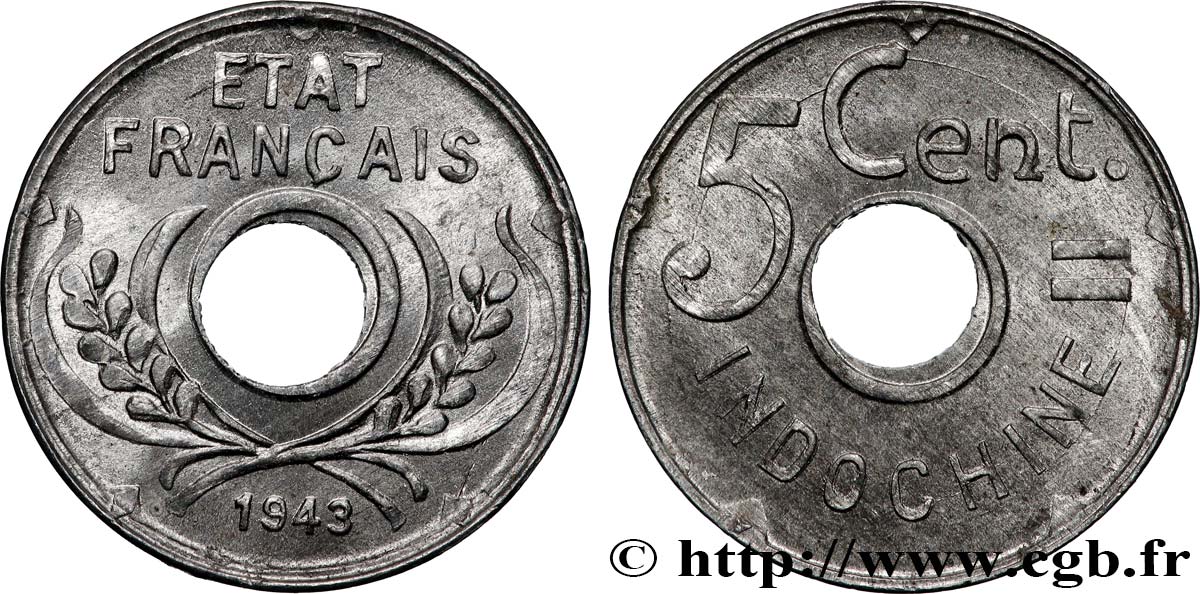 FRENCH INDOCHINA 5 Centièmes 1943 Hanoï AU 