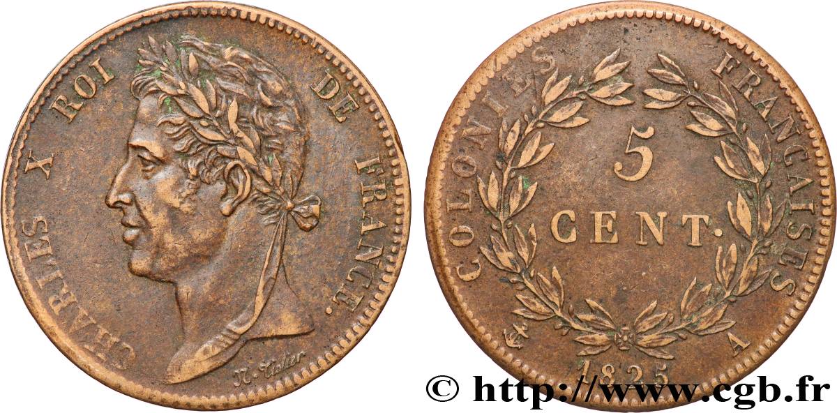 COLONIAS FRANCESAS - Charles X, para Guayana y Senegal 5 Centimes Charles X 1825 Paris - A MBC 