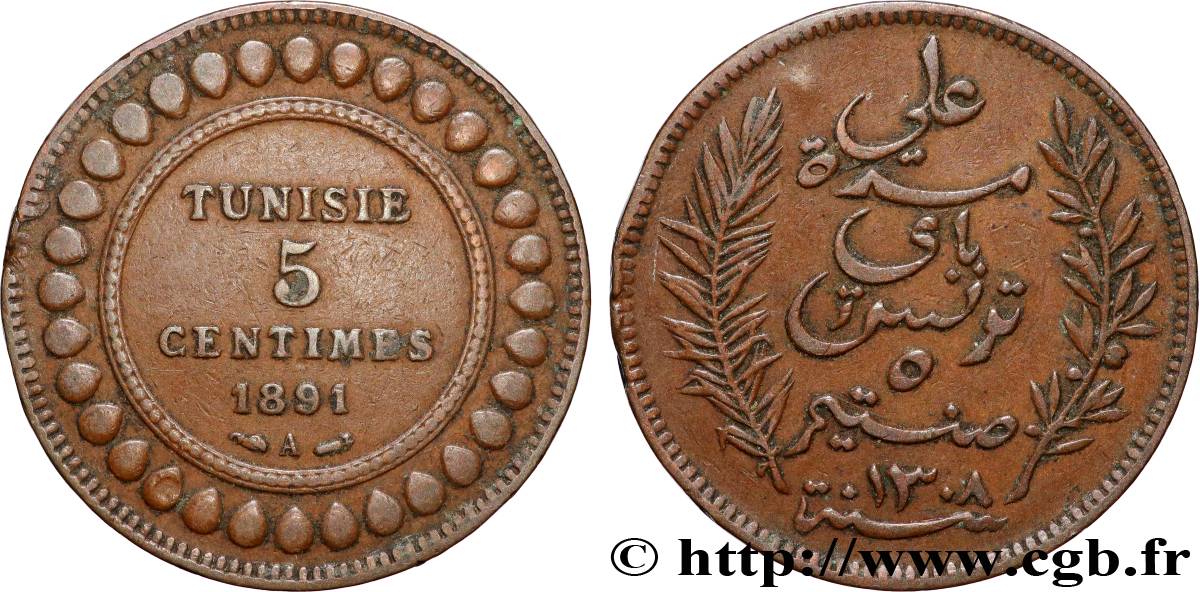 TUNISIA - FRENCH PROTECTORATE 5 Centimes AH 1308 1891 Paris XF 