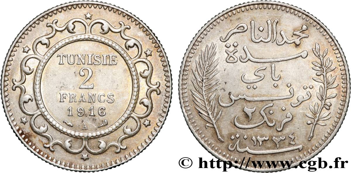 TUNISIA - FRENCH PROTECTORATE 2 Francs au nom du Bey Mohamed En-Naceur an 1334 1916 Paris - A AU 