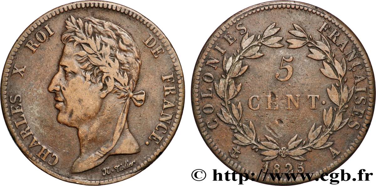 COLONIE FRANCESI - Carlo X, per Guyana e Senegal 5 Centimes Charles X 1825 Paris - A q.BB 