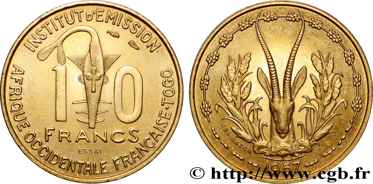 AFRICA OCCIDENTALE FRANCESE - TOGO 10 Francs Essai 1957 Paris MS 