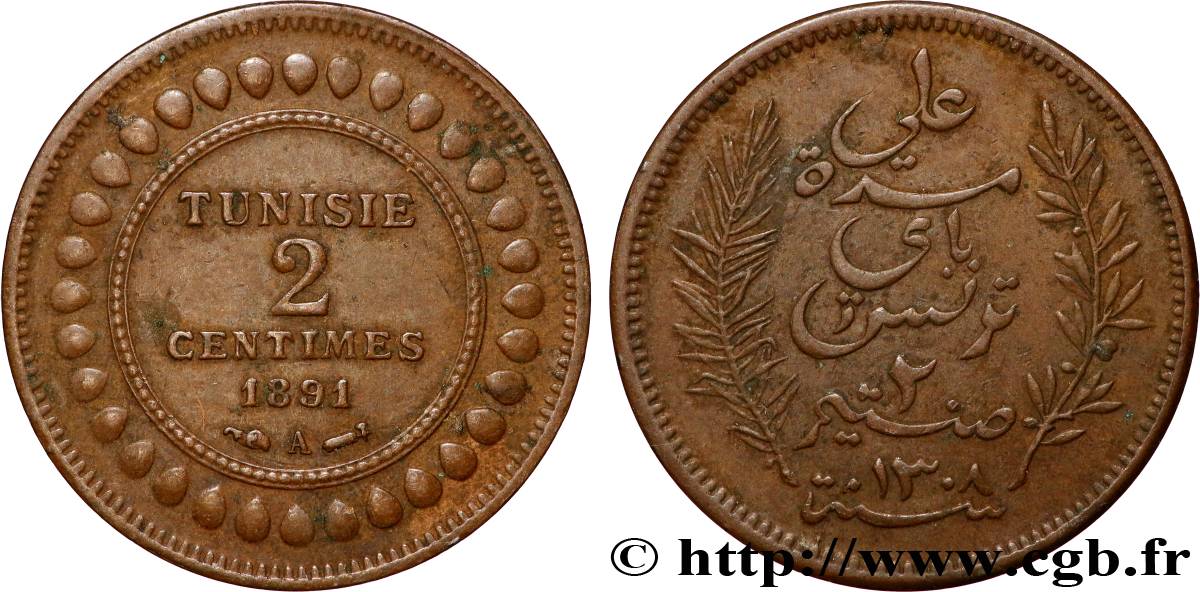 TUNISIA - French protectorate 2 Centimes AH1308 1891  XF 