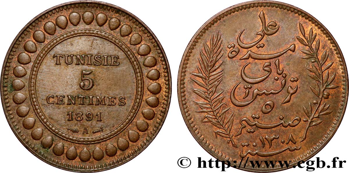 TUNISIA - French protectorate 5 Centimes AH 1308 1891 Paris AU 