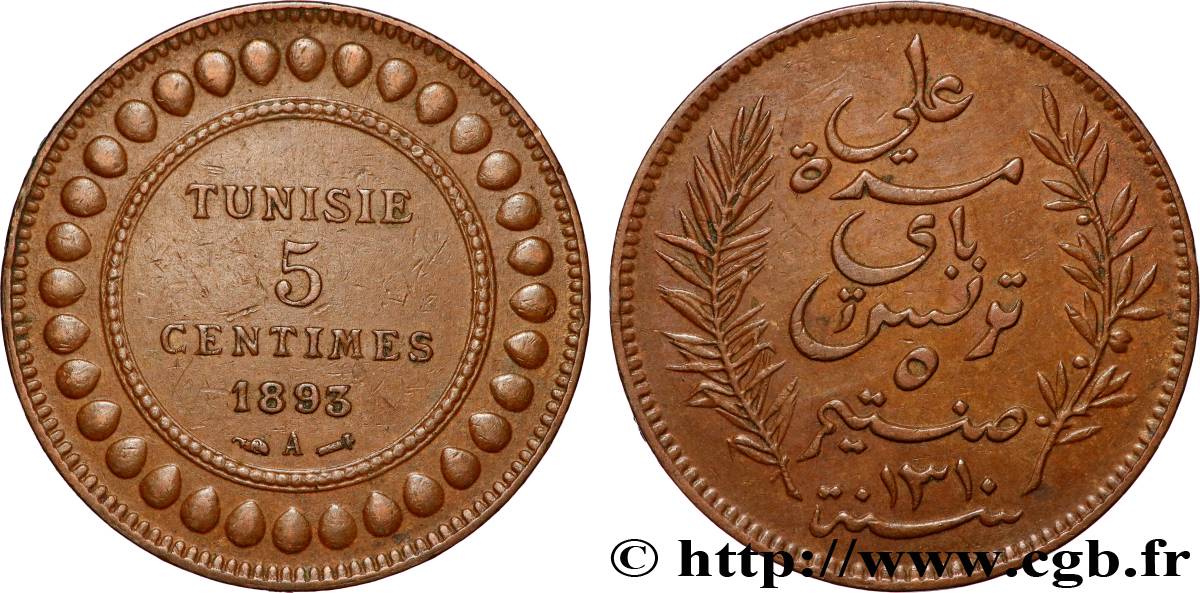 TUNISIA - French protectorate 5 Centimes AH1310 1893 Paris XF 