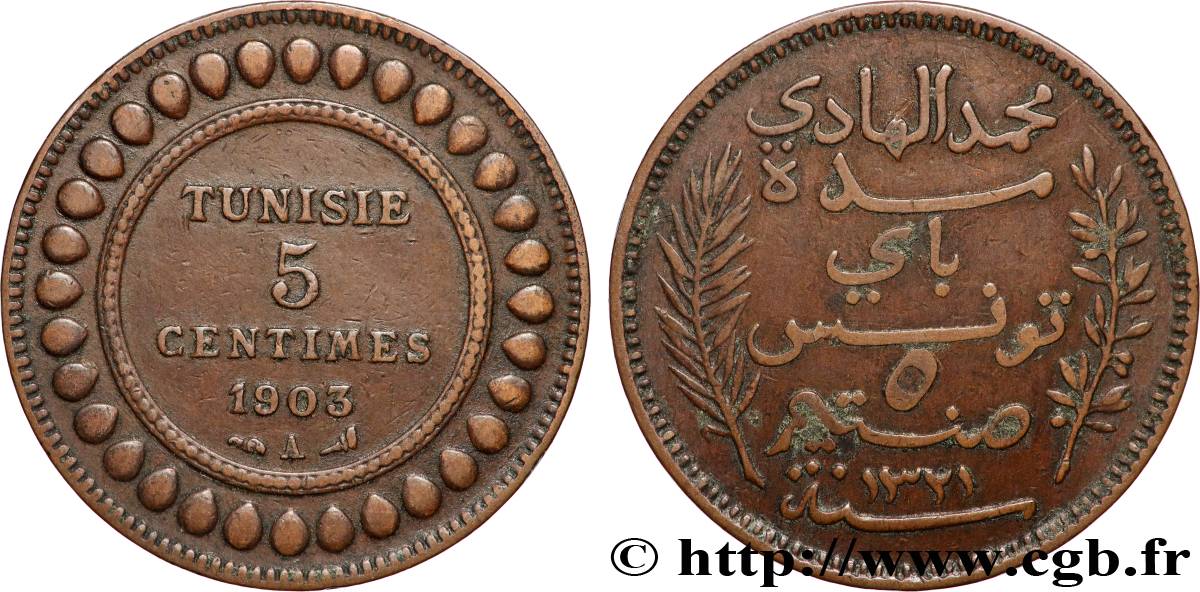 TUNISIA - French protectorate 5 Centimes AH1321 1903 Paris XF 