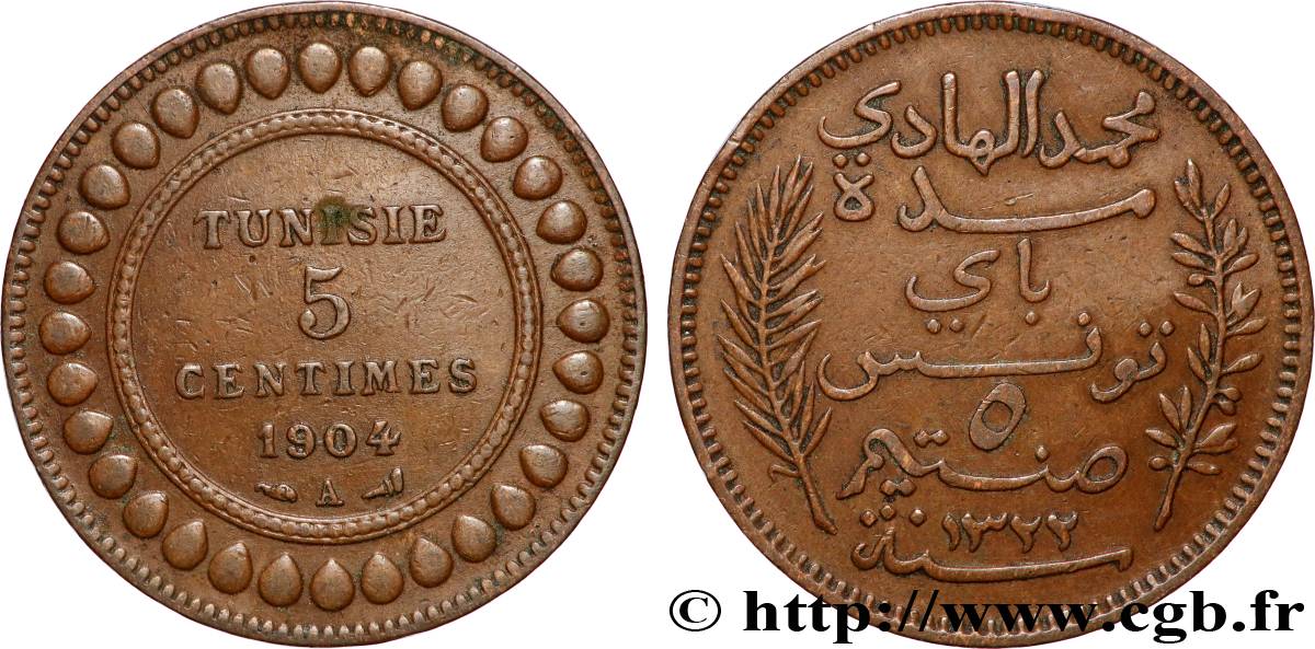 TUNISIA - French protectorate 5 Centimes AH1322 1904 Paris XF 