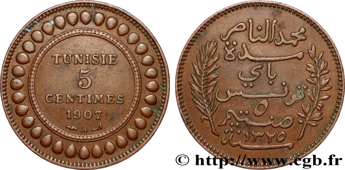 TUNISIA - French protectorate 5 Centimes AH1325 1907 Paris XF 