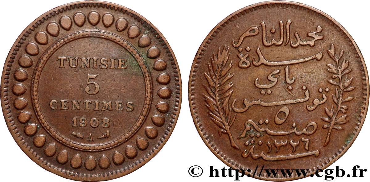 TUNISIA - FRENCH PROTECTORATE 5 Centimes AH1326 1908 Paris XF 