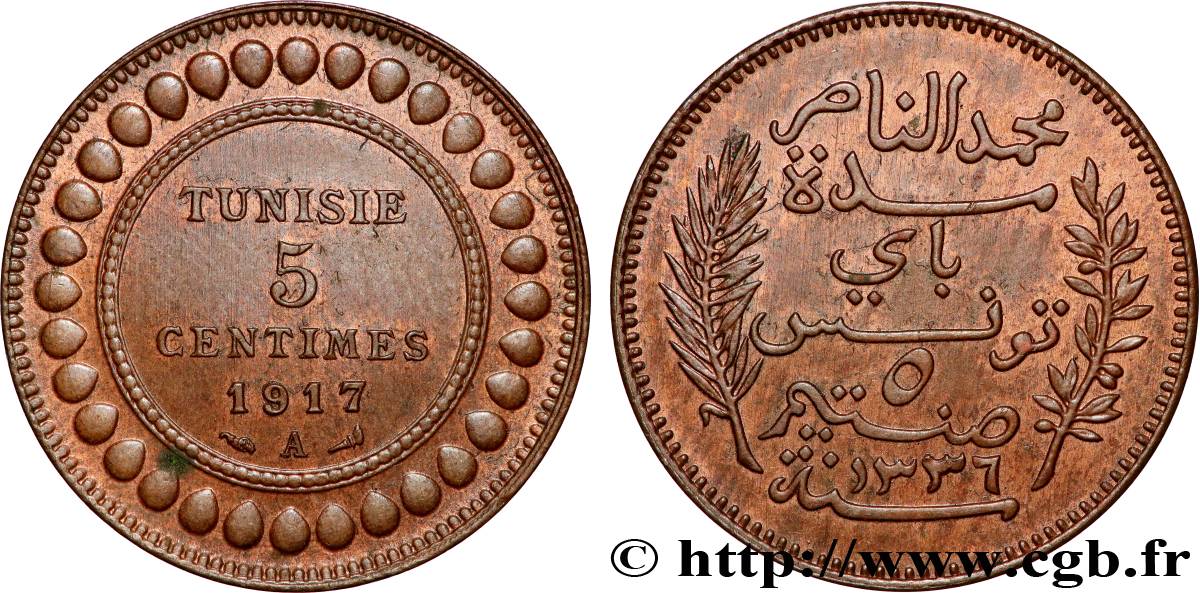 TUNESIEN - Französische Protektorate  5 Centimes AH1336 1917 Paris fVZ 