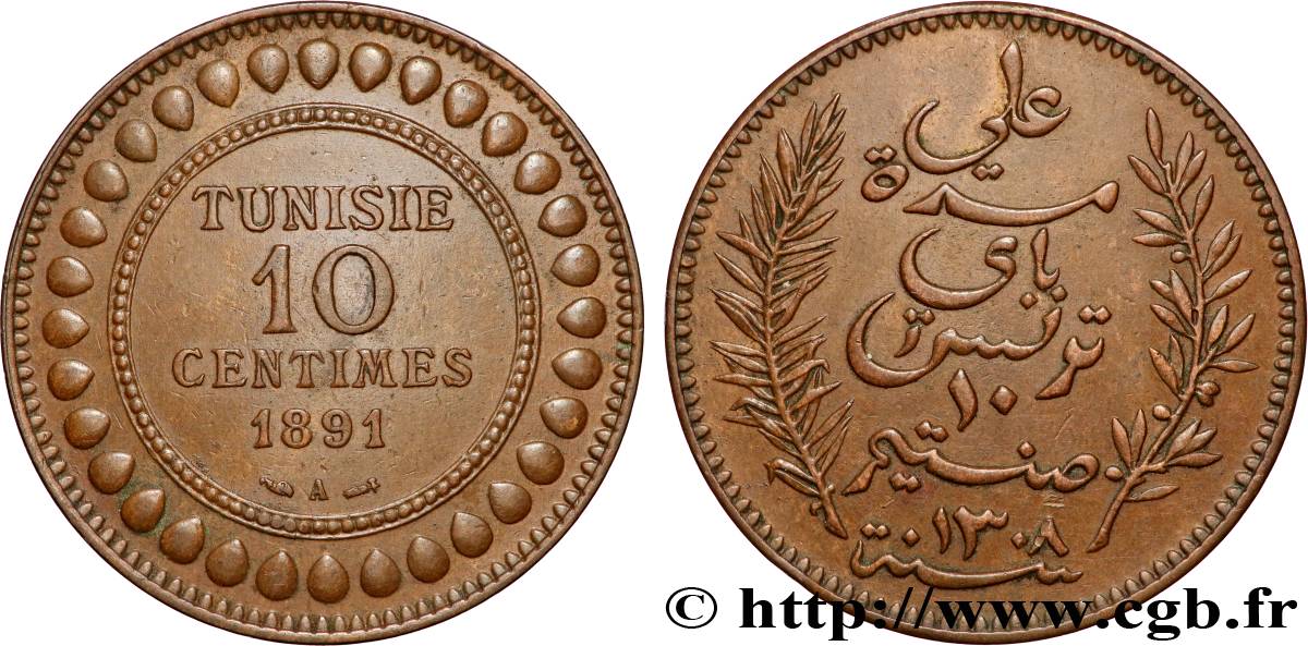 TUNISIA - French protectorate 10 Centimes AH1308 1891 Paris AU 