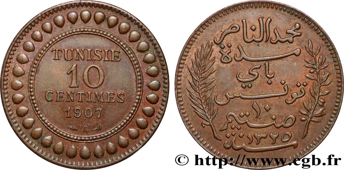 TUNISIA - French protectorate 10 Centimes AH1325 1907 Paris AU 