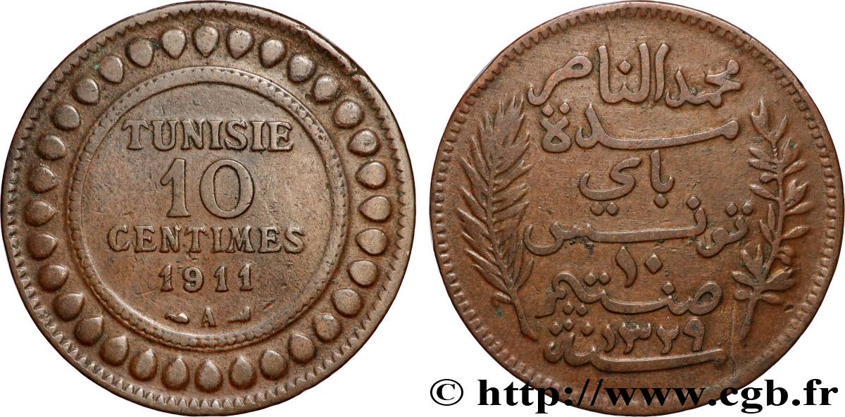 TUNISIA - Protettorato Francese 10 Centimes AH1329 1911 Paris BB 