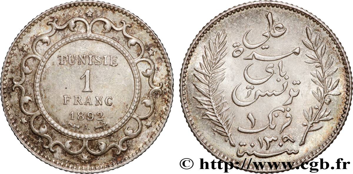 TUNISIE - PROTECTORAT FRANÇAIS 1 Franc AH1309 1892 Paris SUP+ 