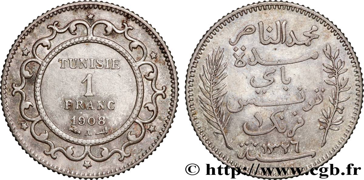 TUNISIE - PROTECTORAT FRANÇAIS 1 Franc AH1326 1908 Paris TTB+ 