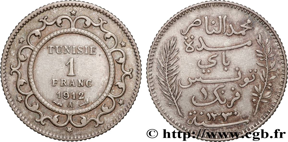 TUNISIA - French protectorate 1 Franc AH 1330 1912 Paris XF 