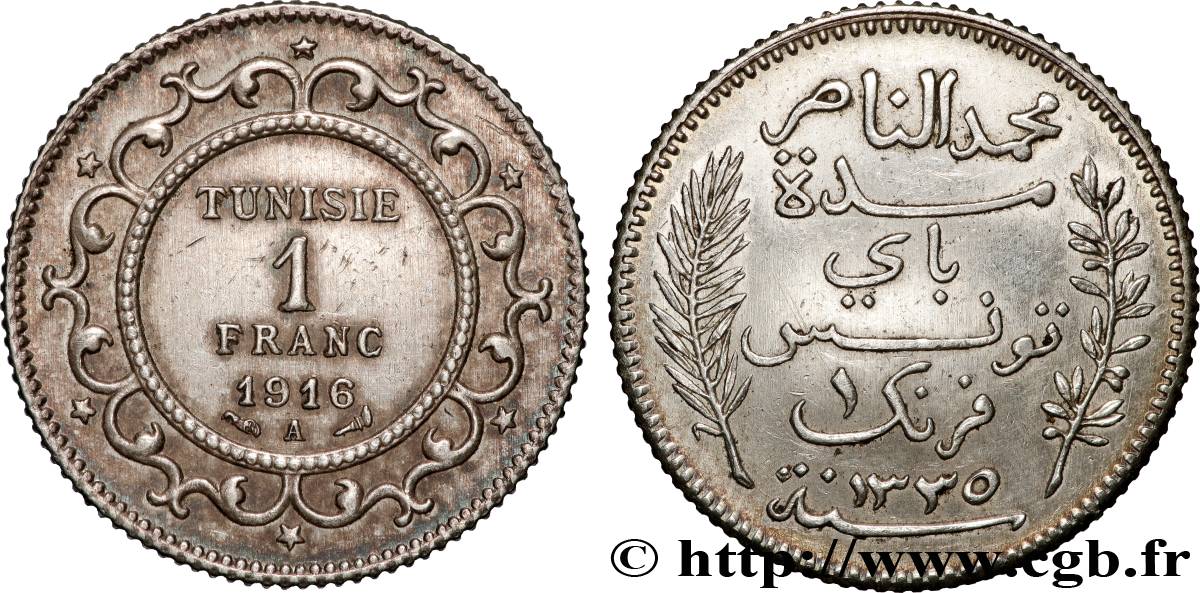 TUNISIA - French protectorate 1 Franc au nom du Bey Mohamed En-Naceur an 1335 1916 Paris - A AU 