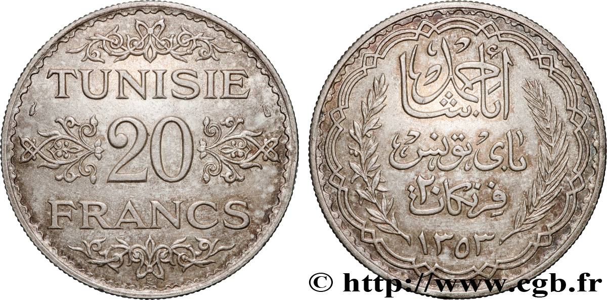 TUNISIE - PROTECTORAT FRANÇAIS 20 Francs au nom du Bey Ahmed an 1353 1934 Paris SUP 