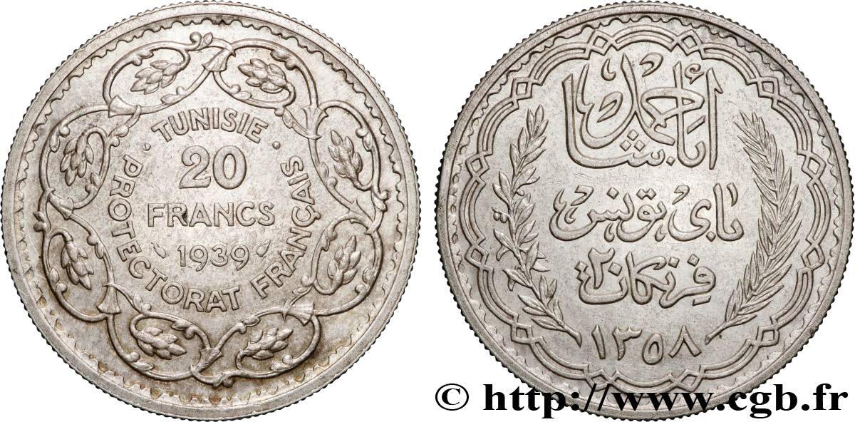 TUNISIE - PROTECTORAT FRANÇAIS 20 Francs au nom du  Bey Ahmed an 1358 1939 Paris SUP 