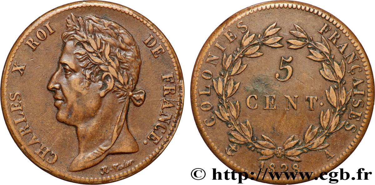 COLONIAS FRANCESAS - Charles X, para Guayana 5 Centimes Charles X 1829 Paris - A MBC 