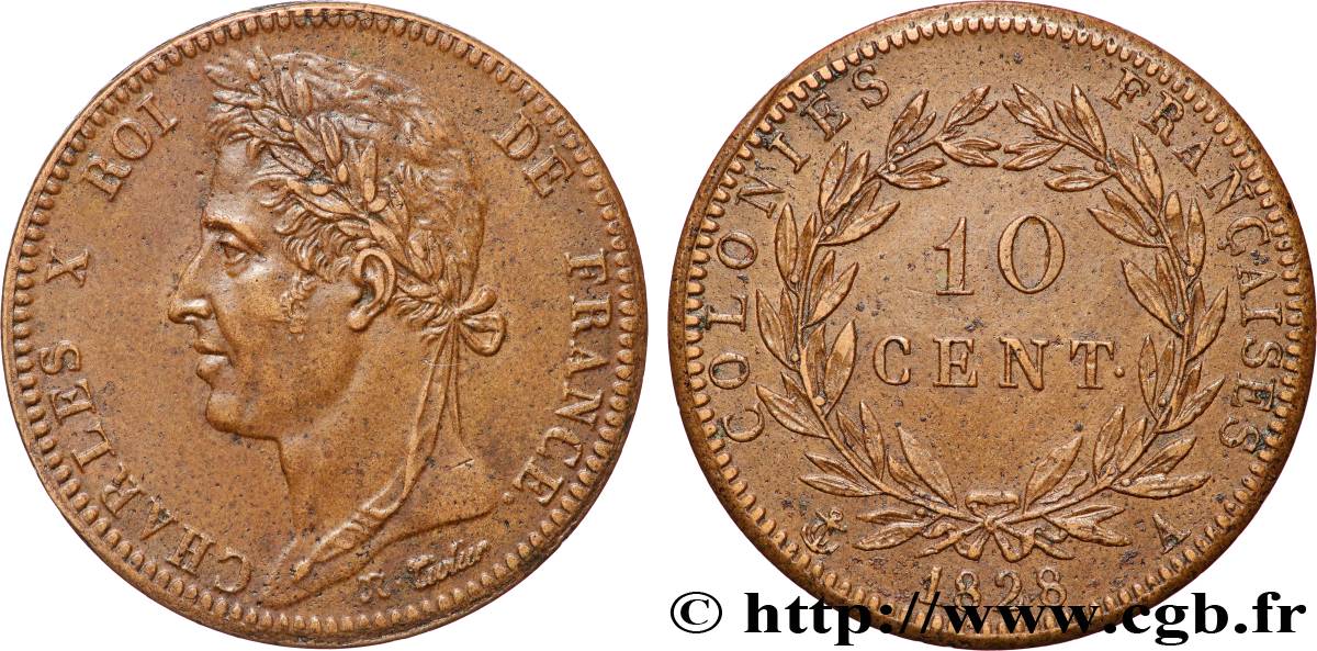 COLONIAS FRANCESAS - Charles X, para Guayana 10 Centimes Charles X 1828 Paris - A MBC+ 