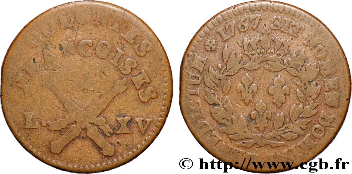 COLONIAS FRANCESAS - LOUIS XV 1 Sol des Colonies Françoises 1767 Paris BC 