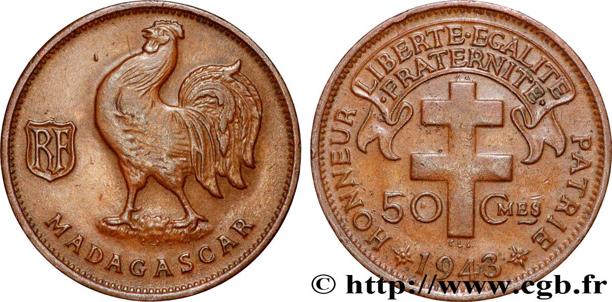 MADAGASCAR - Fuerzas Francesas Libres 50 Centimes 1943 Prétoria MBC 