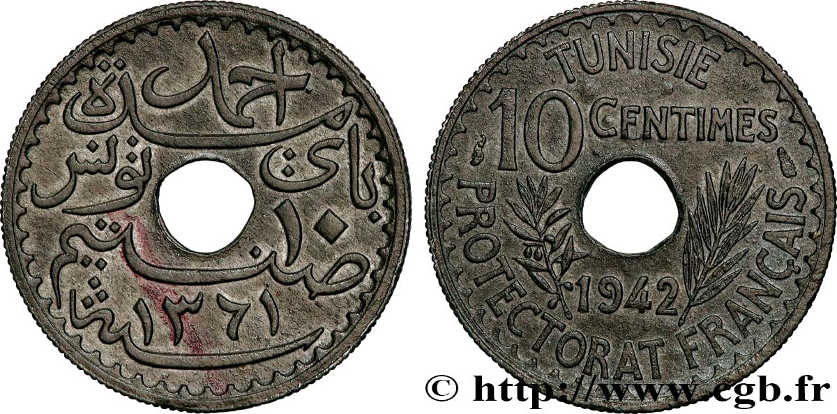 TUNISIA - FRENCH PROTECTORATE 10 Centimes AH 1361 1942 Paris AU 