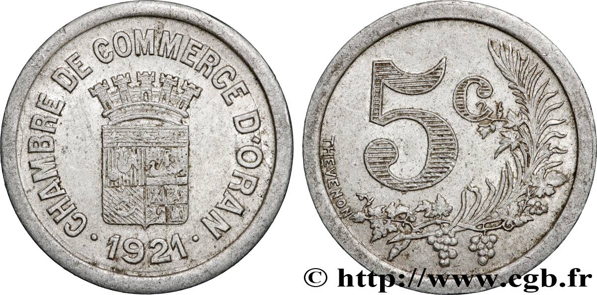 ALGÉRIE 5 Centimes Chambre de commerce d’Oran 1921 ORAN TTB 