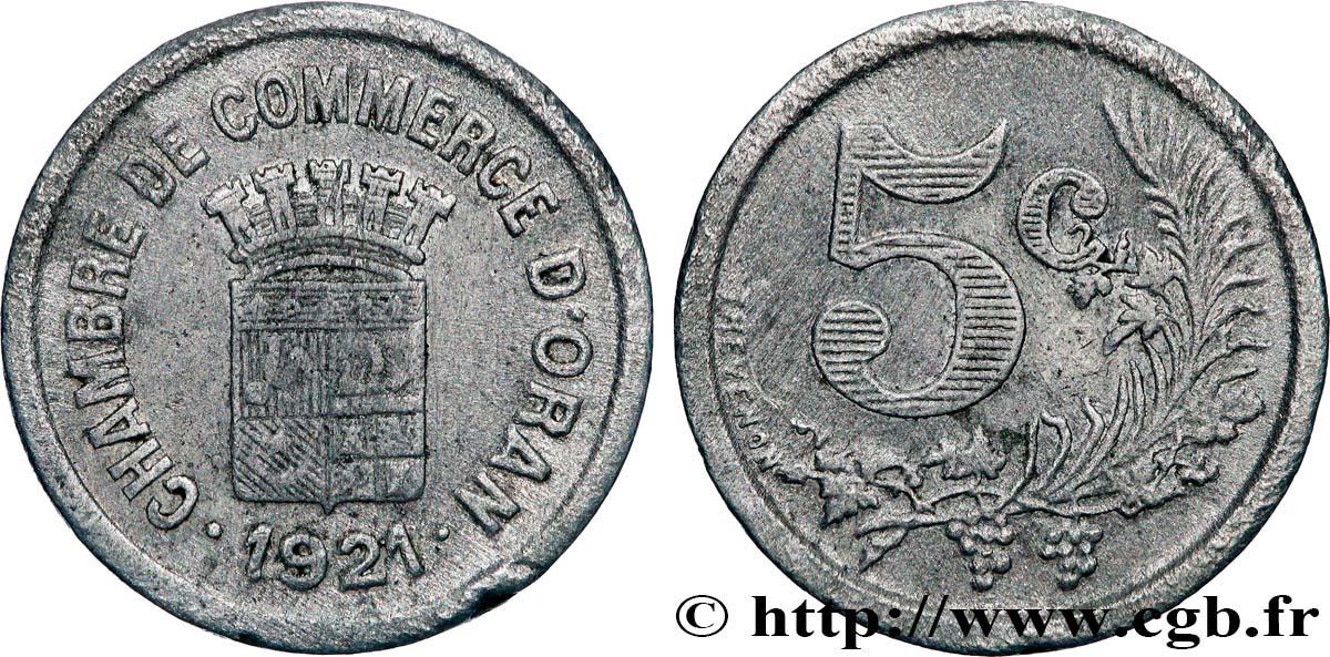 ALGÉRIE 5 Centimes Chambre de Commerce d’Oran 1921  TB+ 