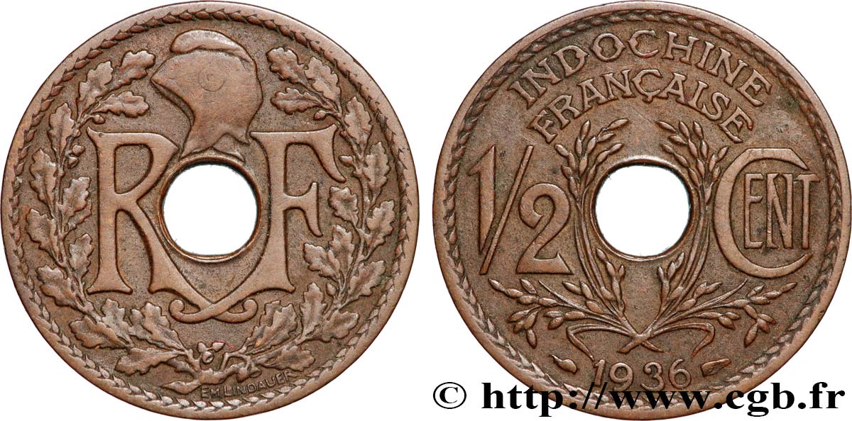 FRENCH INDOCHINA 1/2 Centième 1936 Paris VF 