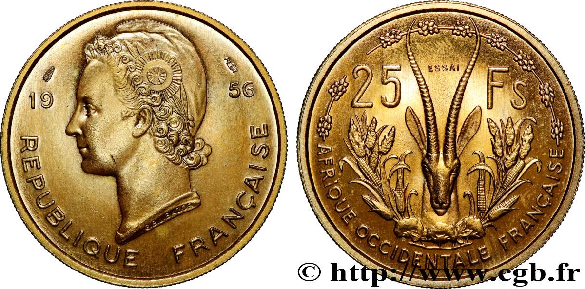 AFRICA FRANCESA DEL OESTE Essai de 25 Francs Marianne / antilope 1956 Paris SC 