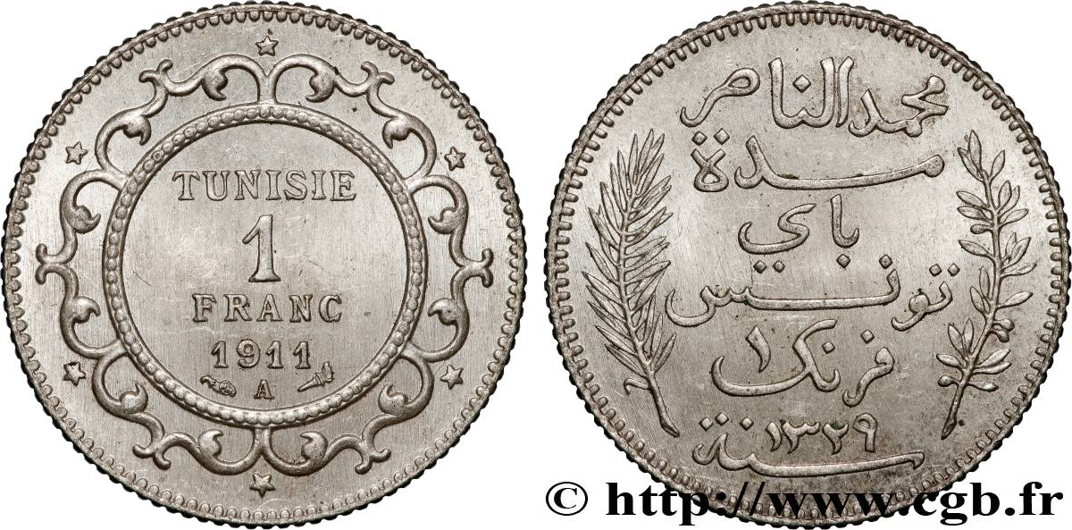 TUNISIA - French protectorate 1 Franc AH1329 1911 Paris AU 