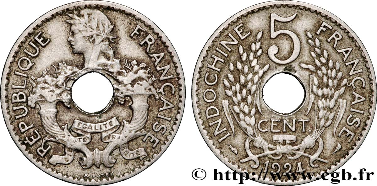 FRENCH INDOCHINA 5 Centièmes 1924 Paris XF 