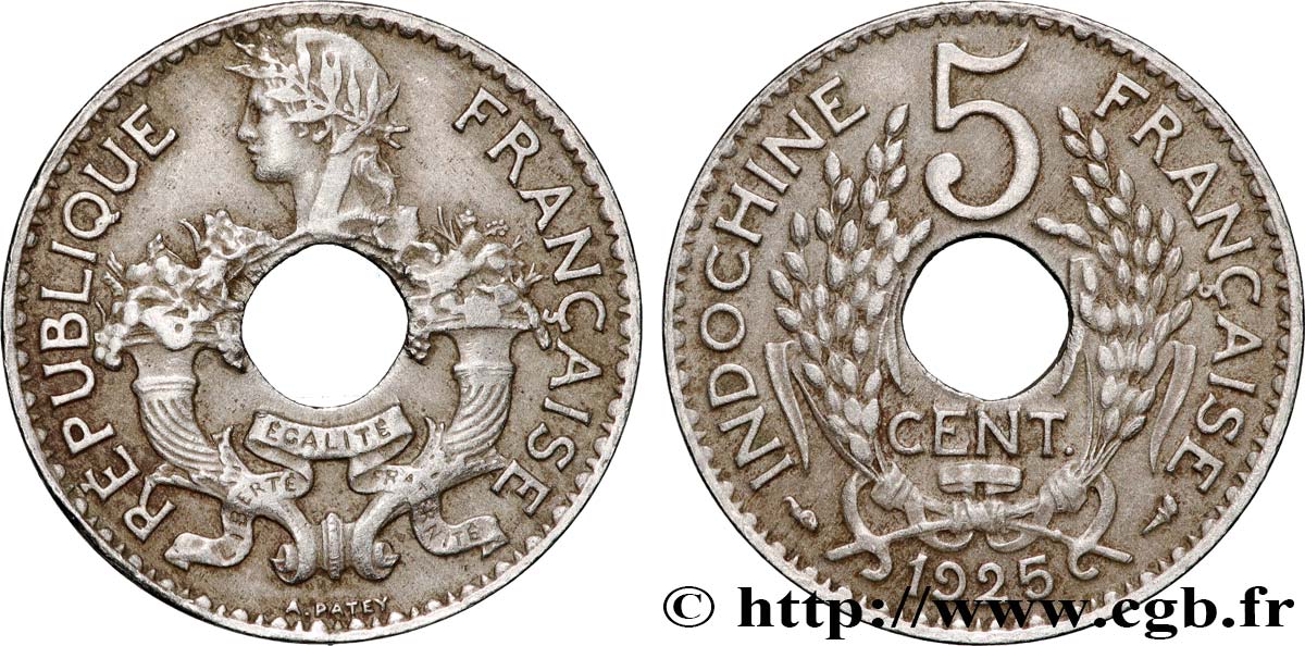 FRENCH INDOCHINA 5 Centièmes 1925 Paris XF 